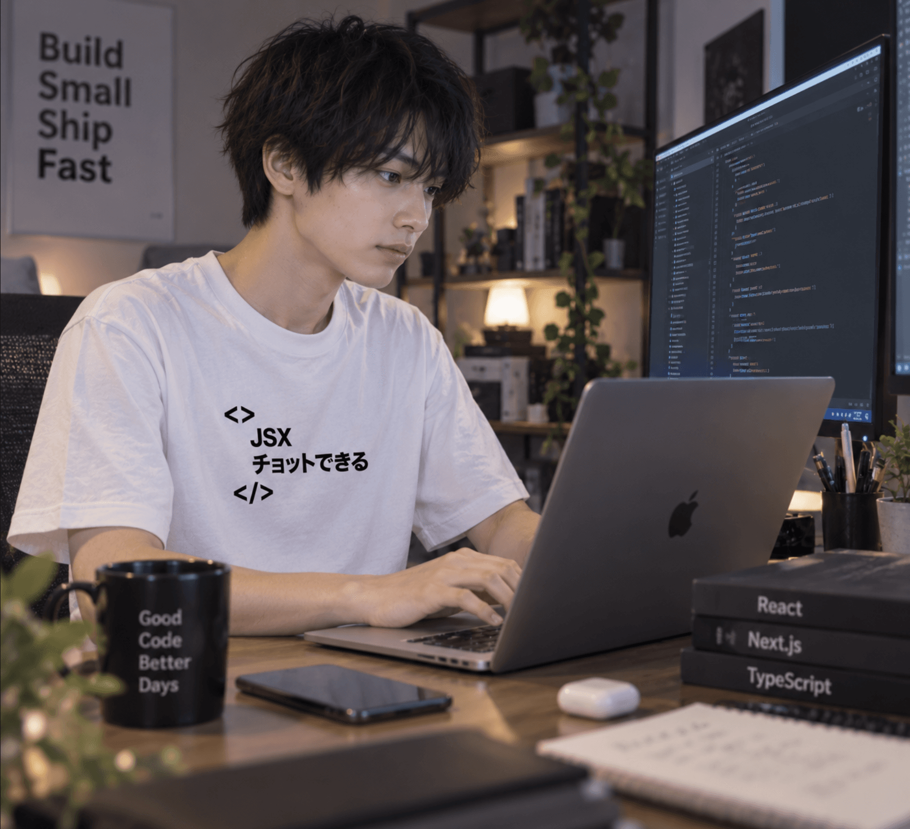 PCでコードを書きながらJSXチョットできるTEEを着用しているカット